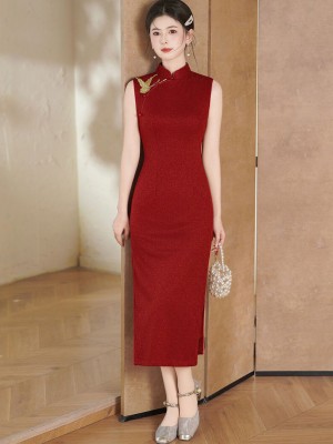 Red Black Embroidered Butterfly Cheongsam Qipao Dress