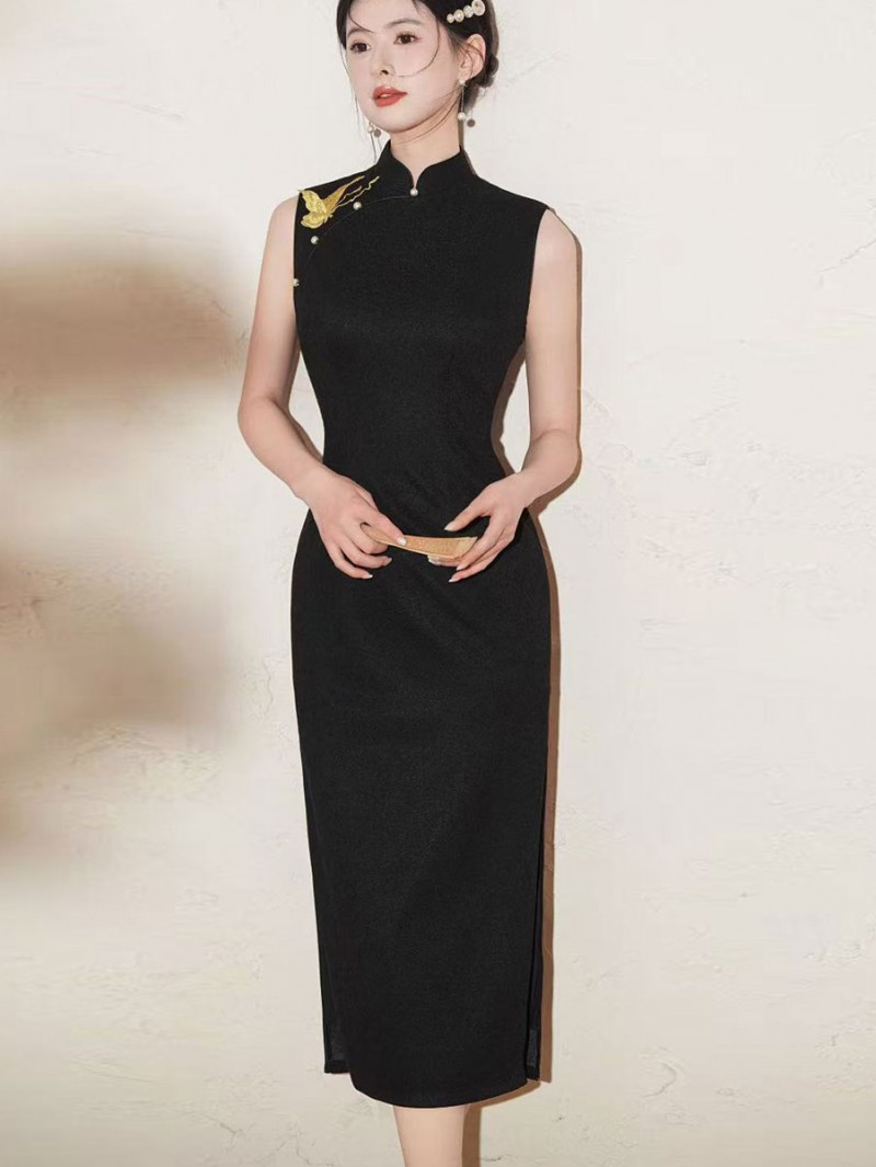 Red Black Embroidered Butterfly Cheongsam Qipao Dress