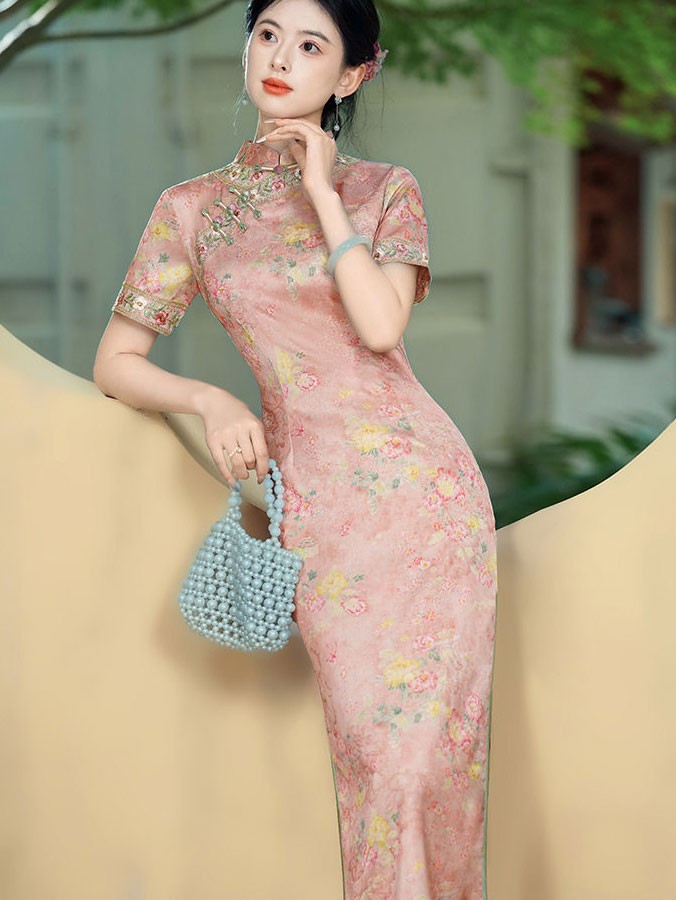 2026 Pink Floral Print Long Cheongsam Qipao Dress 2026 Pink Floral Print Long Cheongsam Qipao Dress