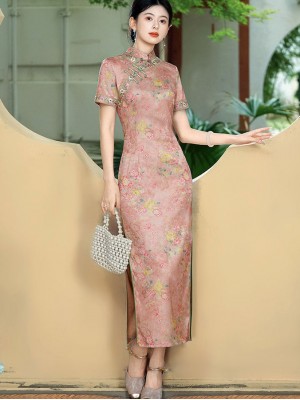 2026 Pink Floral Print Long Cheongsam Qipao Dress