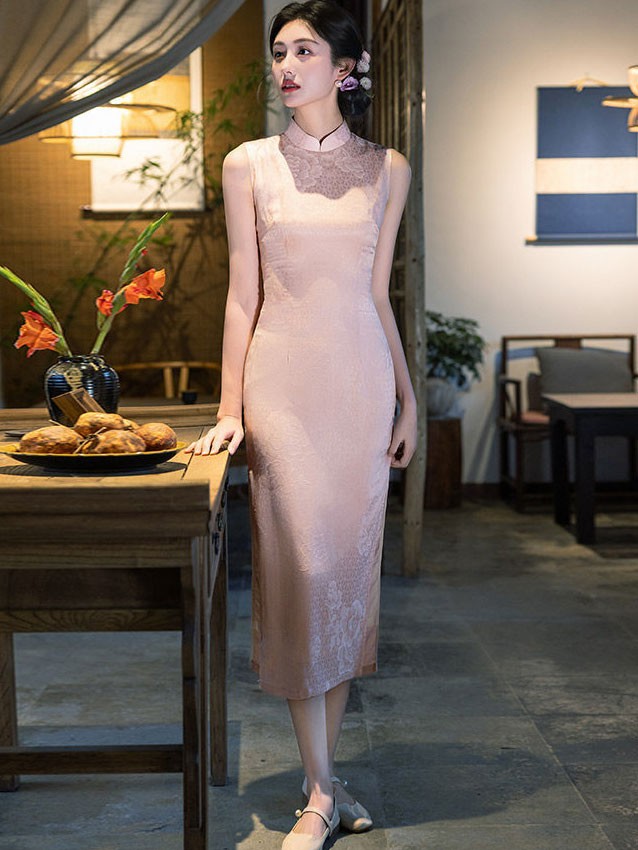 Blue Pink Floral Sleeveless Cheongsam Qipao Dress