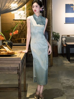 Blue Pink Floral Sleeveless Cheongsam Qipao Dress