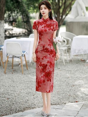 Red Floral Print Midi Cheongsam Qipao Dress