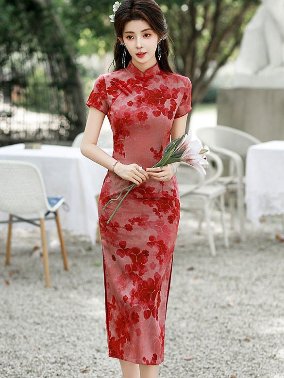 Red Floral Print Midi Cheongsam Qipao Dress