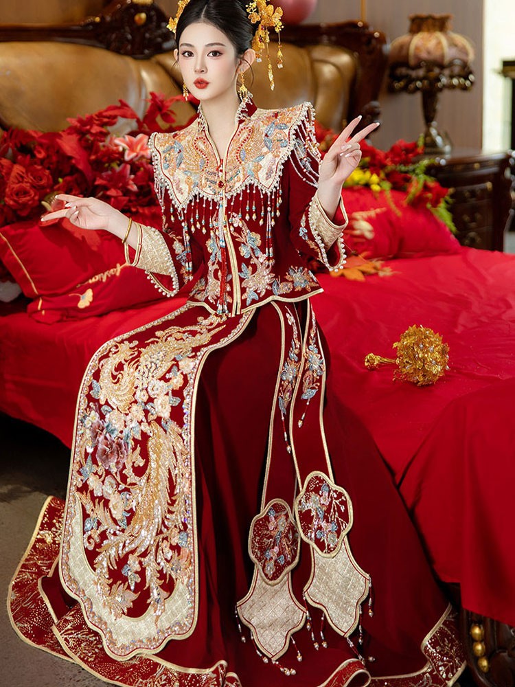 Winter Velvet Beads Phoenix Wedding Bridal Qun Gua Outfits