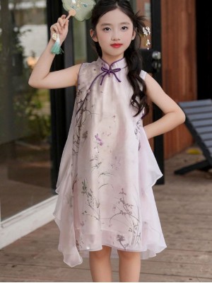 Purple Floral Print Kid Girls Cheongsam Qipao Dress