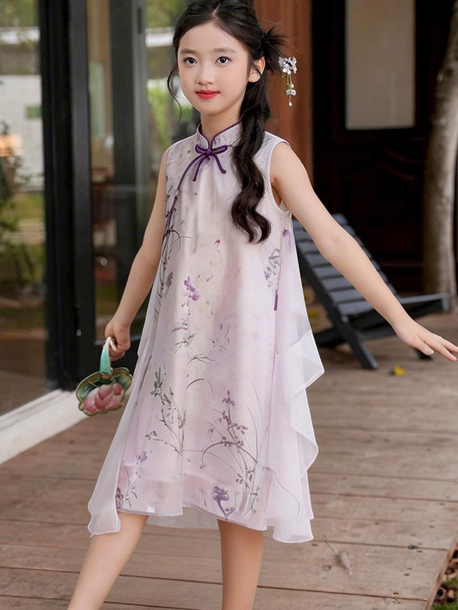 Purple Floral Print Kid Girls Cheongsam Qipao Dress