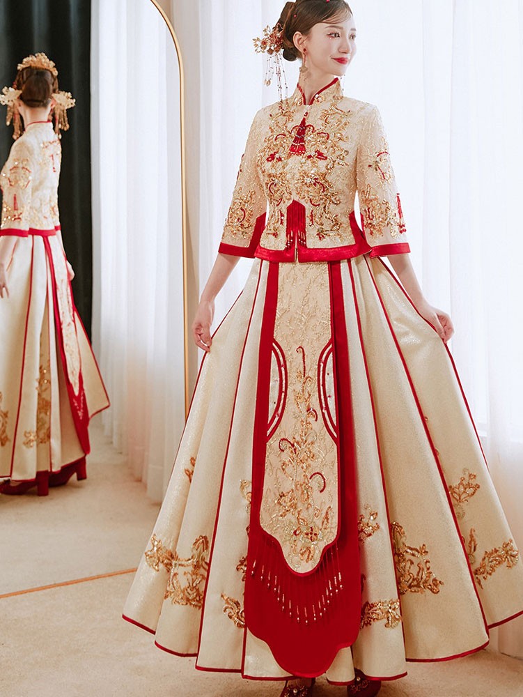 Champagne Sequined Wedding Bride Qun Kwa Xiu He