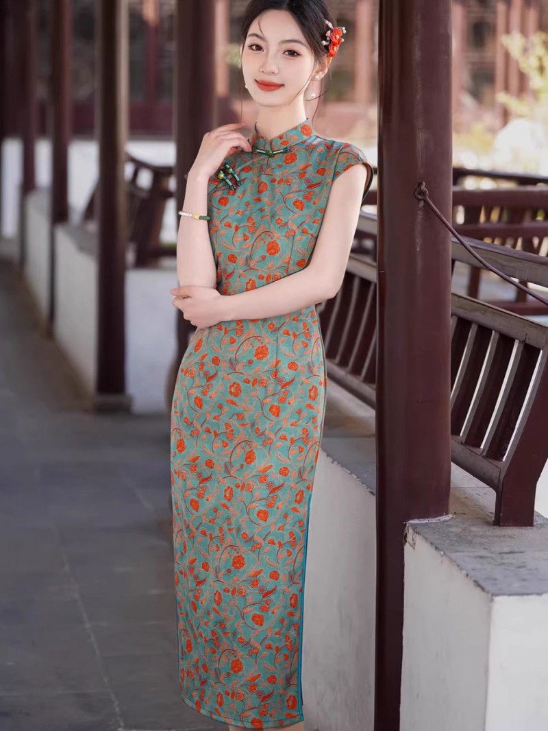 Blue Floral Print Long Cheongsam Qipao Dress Blue Floral Print Long Cheongsam Qipao Dress