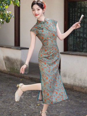 Blue Floral Print Long Cheongsam Qipao Dress