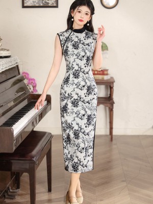 2025 Gray Floral Print Cheongsam Qipao Dress