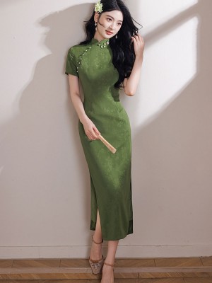 2026 Green Bamboo Print Cheongsam Qipao Dress