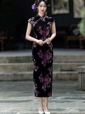 Floral Print Velvet Mothers Cheongsam Qipao Dress