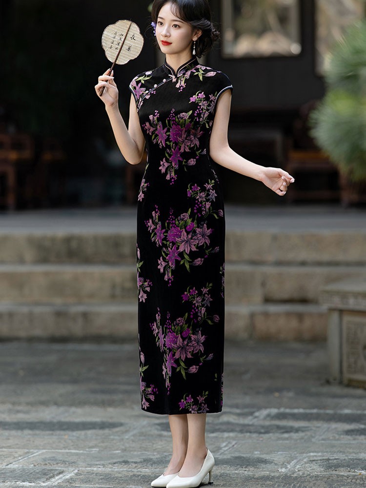 Floral Print Velvet Mothers Cheongsam Qipao Dress Floral Print Velvet Mothers Cheongsam Qipao Dress