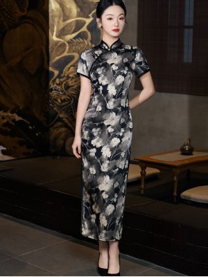 2026 Black Floral Print Mothers Cheongsam Qipao Dress