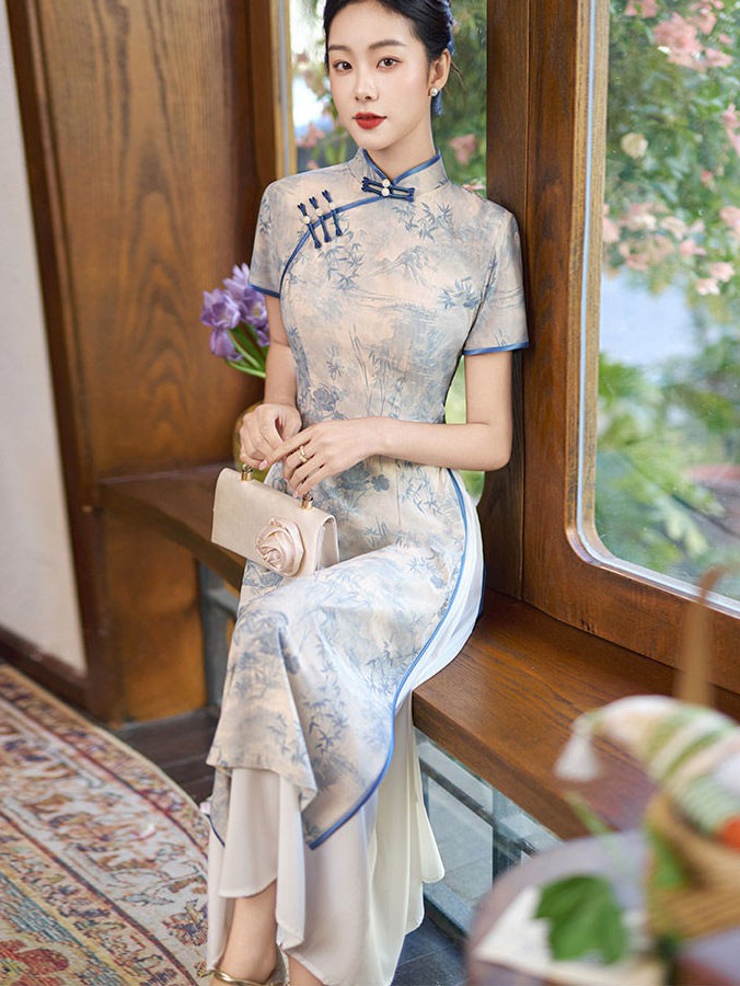 Blue Floral AoDai A-Line Cheongsam Qipao Dress