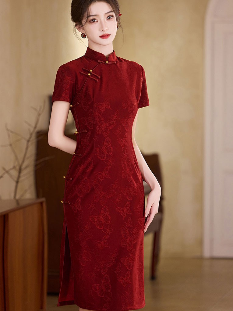 Wine Red Lace Midi Engagement Qipao Cheongsam Dress