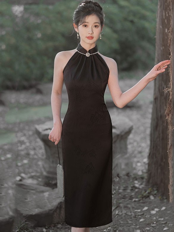 Black Pink Jacquard Butterfly Halter Cheongsam Qipao Dress