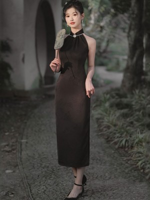 Black Pink Jacquard Halter Cheongsam Qipao Dress