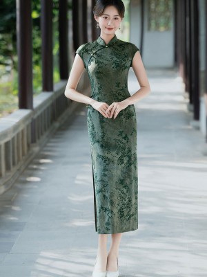 Green Blue Floral Midi Cheongsam Qipao Dress
