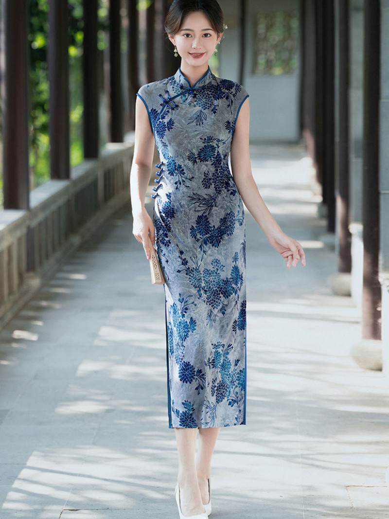 Green Blue Floral Midi Cheongsam Qipao Dress