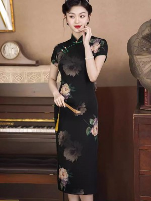 Black Floral Print Midi Cheongsam Qipao Dress