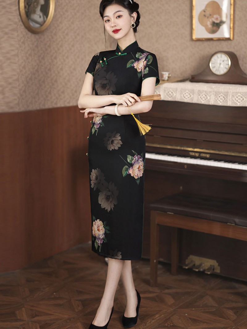 Black Floral Print Midi Cheongsam Qipao Dress Black Floral Print Midi Cheongsam Qipao Dress