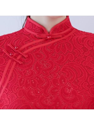Red Lace Long Qipao Cheongsam Party Dress with Slit