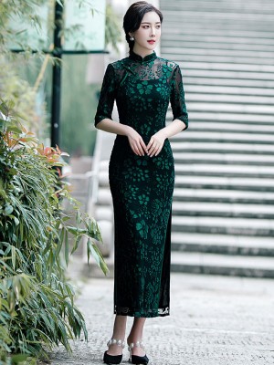 Green Floral Velvet Maxi Cheongsam Qipao Dress