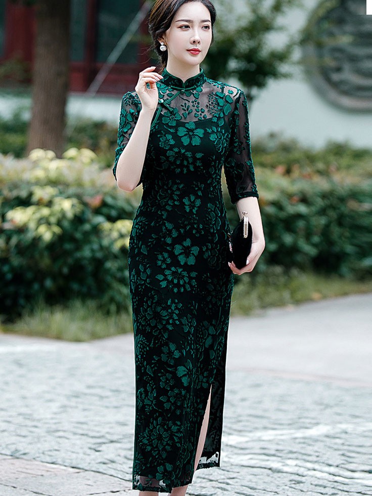 Green Floral Velvet Maxi Cheongsam Qipao Dress