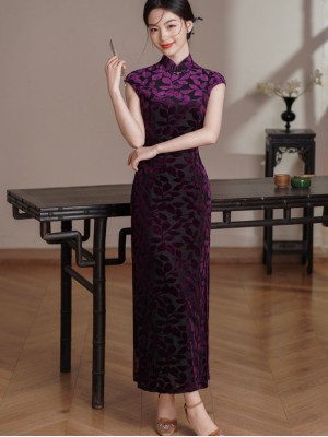 Purple Floral Velvet Long Cheongsam Qipao Dress