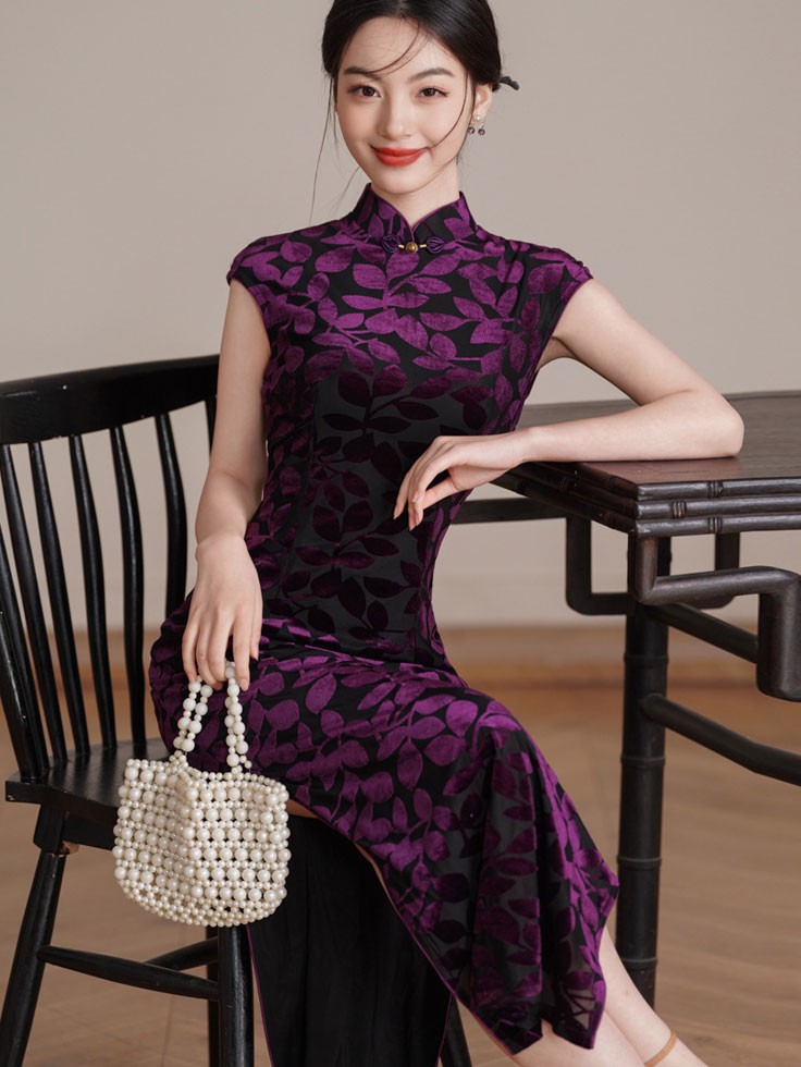 Purple Floral Velvet Long Cheongsam Qipao Dress
