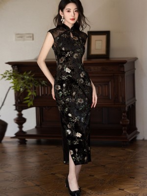 Black Floral Velvet Long Cheongsam Qipao Dress