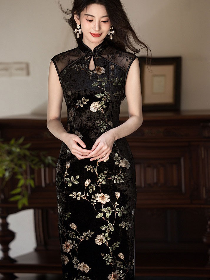 Black Floral Velvet Long Cheongsam Qipao Dress Black Floral Velvet Long Cheongsam Qipao Dress