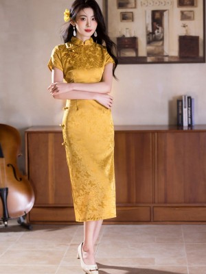 Gold Jacquard Midi Cheongsam Qipao Dress