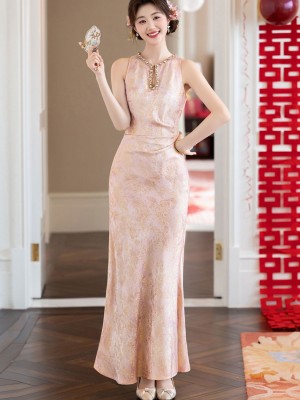 Pink Green Jacquard Halter Cheongsam Qipao Dress
