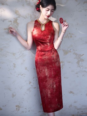 Red Keyhole Halter Long Wedding Cheongsam Qipao Dress
