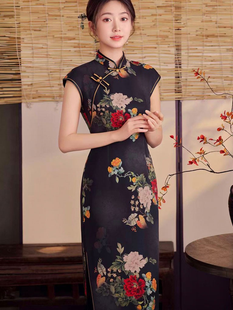 Black Floral Maxi Cheongsam Qipao Dress