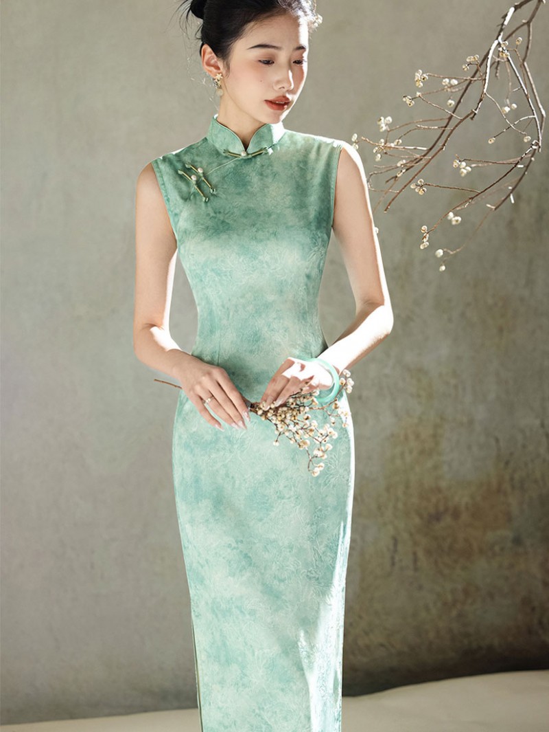 Green Floral Print Sleeveless Cheongsam Qipao Dress