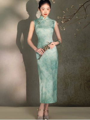 Green Floral Print Sleeveless Cheongsam Qipao Dress