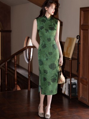 Green Floral Print Sleeveless Cheongsam Qipao Dress