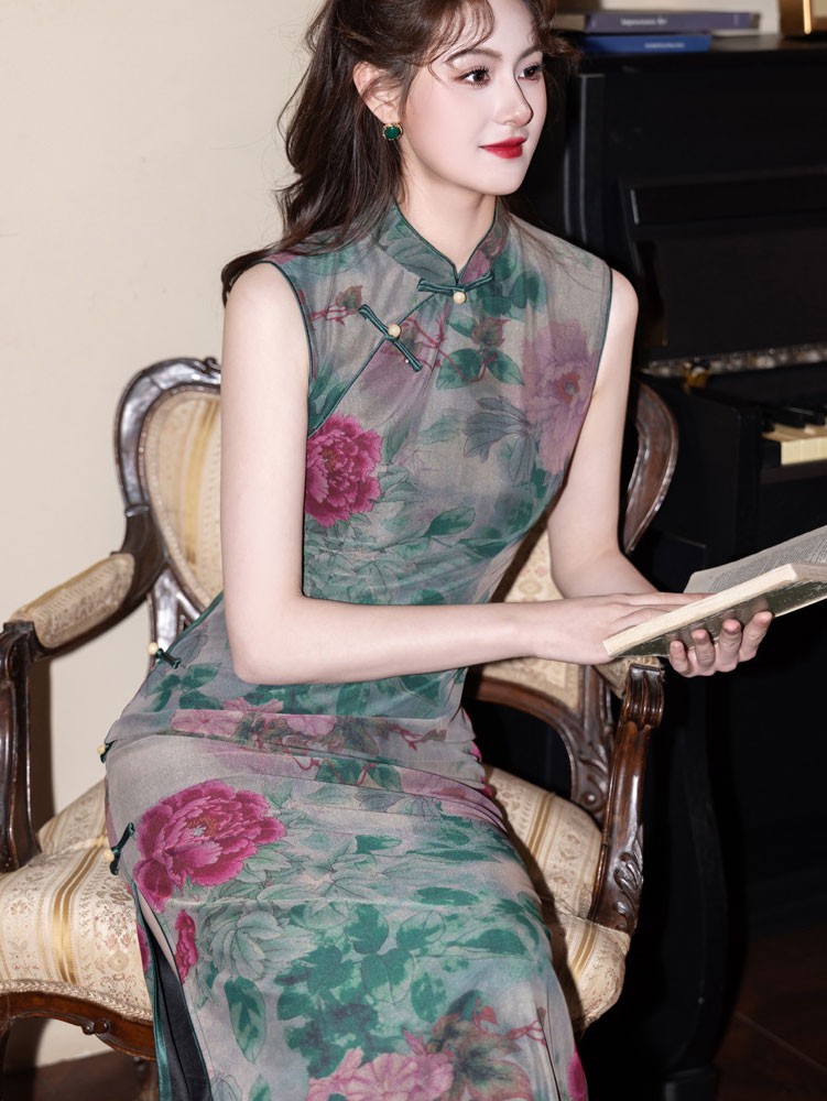 Green Floral Sleeveless Long Cheongsam Qipao Dress