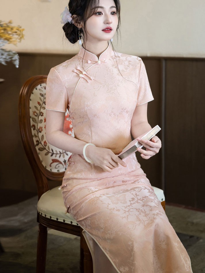 Pink Floral Long Cheongsam Qipao Dress