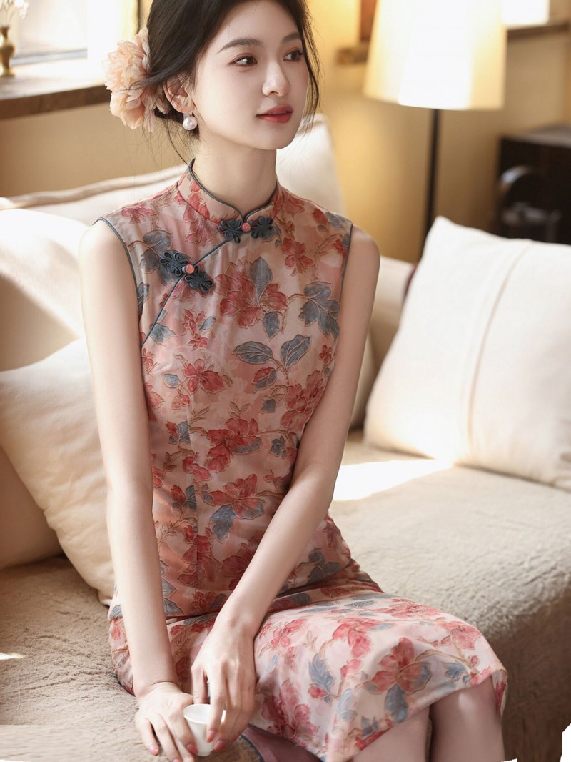 Pink Floral Sleeveless Cheongsam Qipao Dress