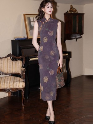 Purple Floral Sleeveless Cheongsam Qipao Dress