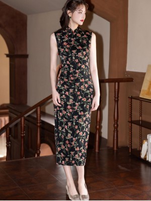 Black Floral Print Sleeveless Cheongsam Qipao Dress