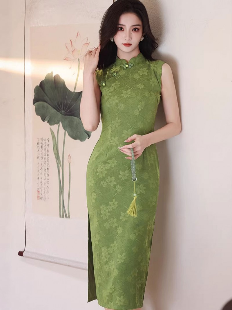 Blue Green Floral Print Midi Cheongsam Qipao Dress Blue Green Floral Print Midi Cheongsam Qipao Dress