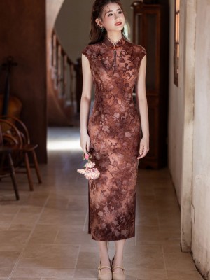 Brown Red Jacquard Floral Velvet Cheongsam Qipao Dress