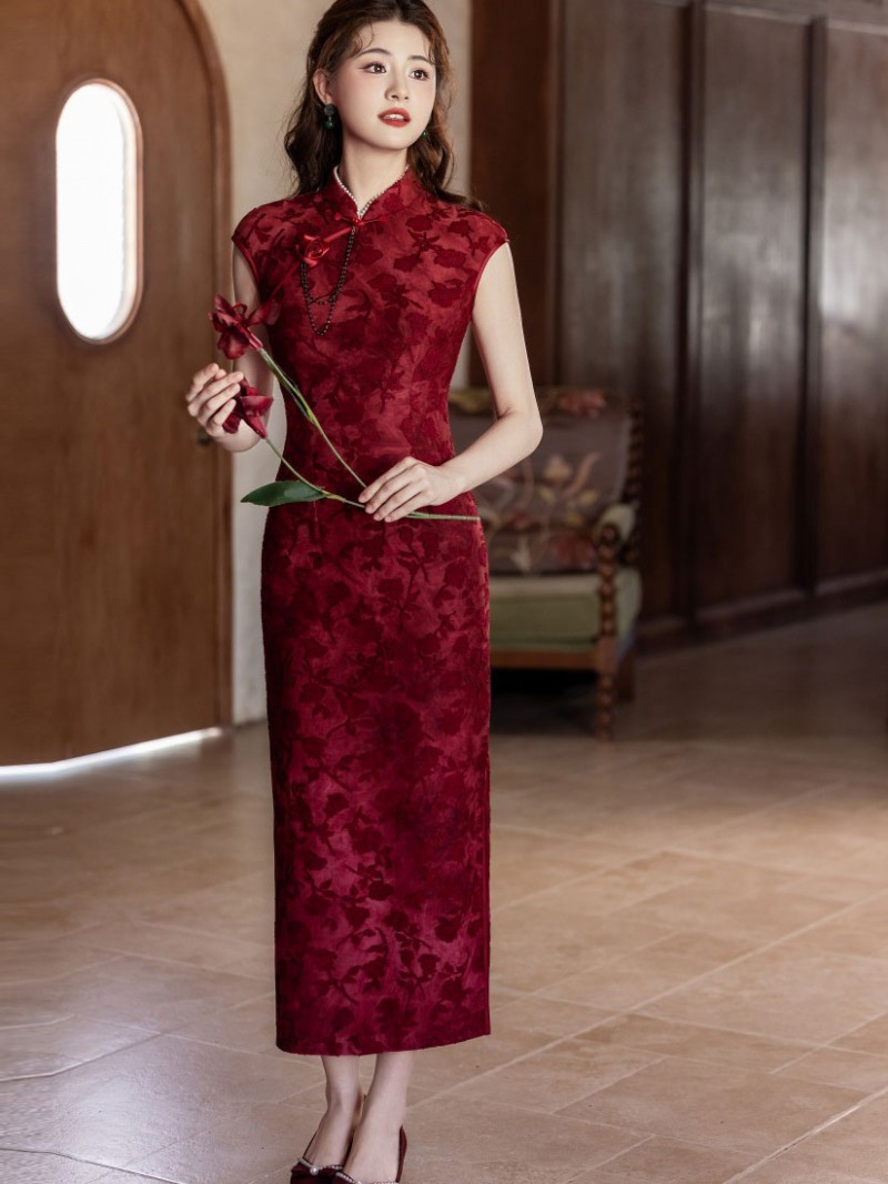 Brown Red Jacquard Floral Velvet Cheongsam Qipao Dress