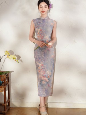 Summer Purple Floral Print Cheongsam Qipao Dress